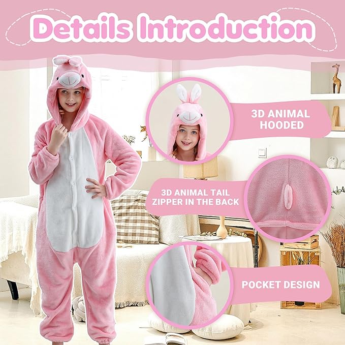 MICHLEY Kids Pink Bunny Hooded Romper Flannel Halloween Cosplay Pajamas Costume