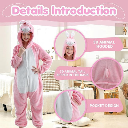 MICHLEY Kids Pink Bunny Hooded Romper Flannel Halloween Cosplay Pajamas Costume