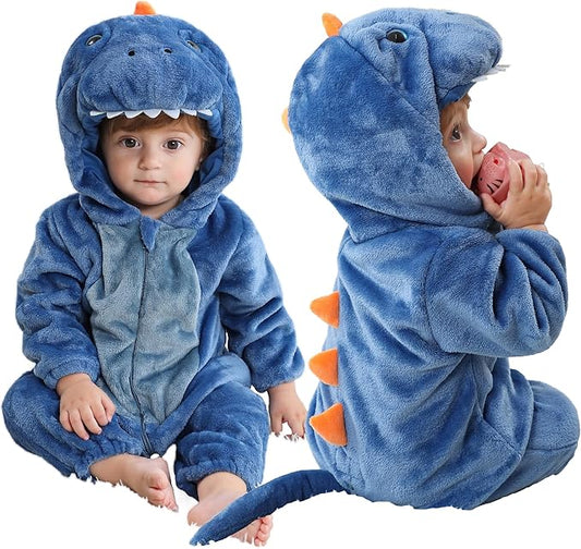 MICHLEY Blue Dinosaur Baby Costume Winter Flannel Hooded Romper