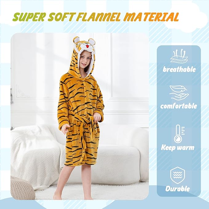 MICHLEY Kids Orange Tiger Hooded Bathrobe Soft Flannel Animal Sleepwear