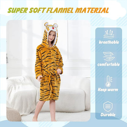 MICHLEY Kids Orange Tiger Hooded Bathrobe Soft Flannel Animal Sleepwear