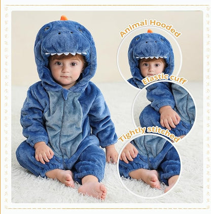 MICHLEY Blue Dinosaur Baby Costume Winter Flannel Hooded Romper