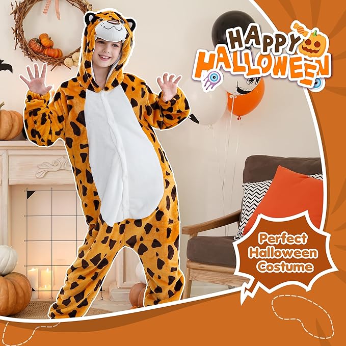 MICHLEY Kids Leopard Hooded Romper Flannel Halloween Cosplay Pajamas Costume