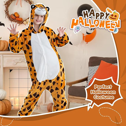 MICHLEY Kids Leopard Hooded Romper Flannel Halloween Cosplay Pajamas Costume
