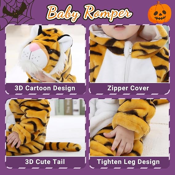 MICHLEY Baby Tiger Costume Romper Hooded Flannel Animal Jumpsuit