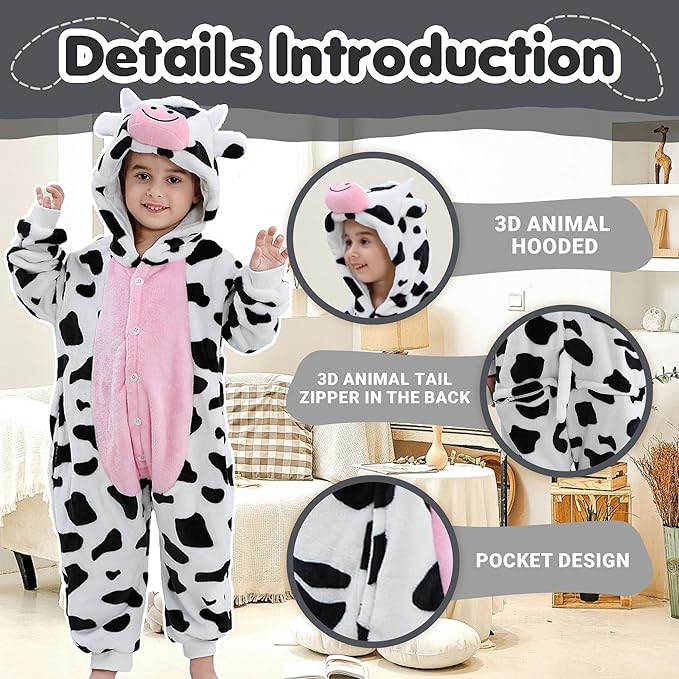 MICHLEY Kids Cow Hooded Romper Flannel Halloween Cosplay Pajamas Costume