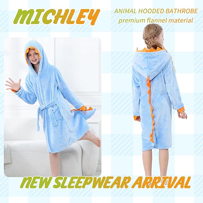 MICHLEY Kids Blue Dragon Hooded Bathrobe with Orange Spikes Flannel Sleepwear
