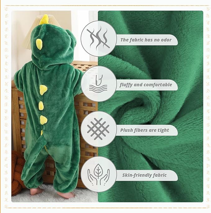 MICHLEY Green Dinosaur Baby Costume Winter Flannel Hooded Romper
