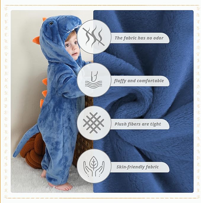 MICHLEY Blue Dinosaur Baby Costume Winter Flannel Hooded Romper