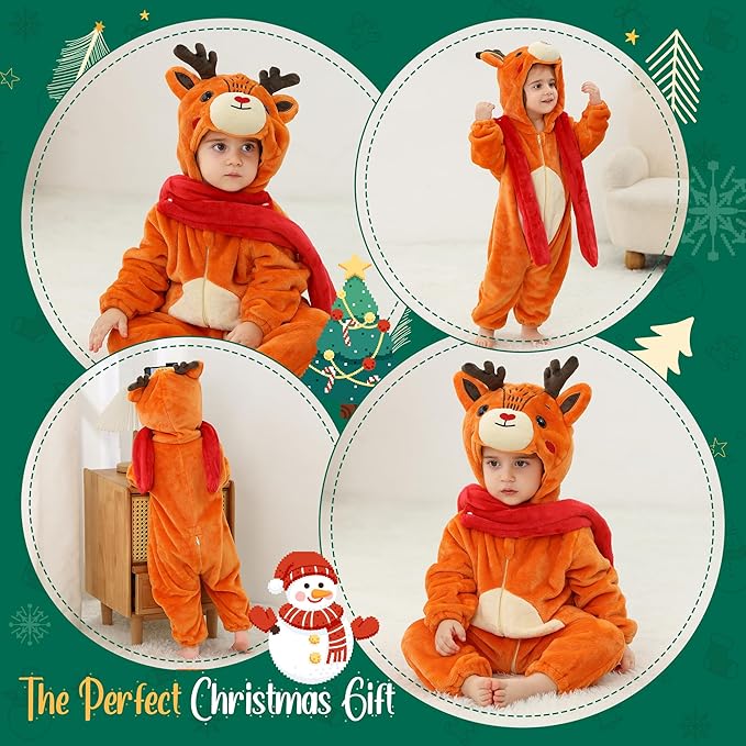 MICHLEY Reindeer Baby Costume Winter Flannel Hooded Romper