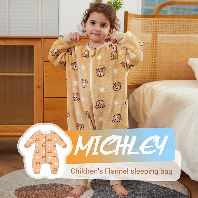 MICHLEY Kids Brown Bear Sleep Sack – Flannel Teddy Bear Pajamas with Legs