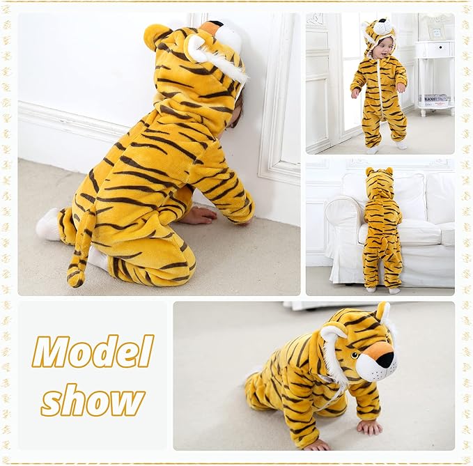 MICHLEY Baby Tiger Costume | Flannel Safari Animal Romper