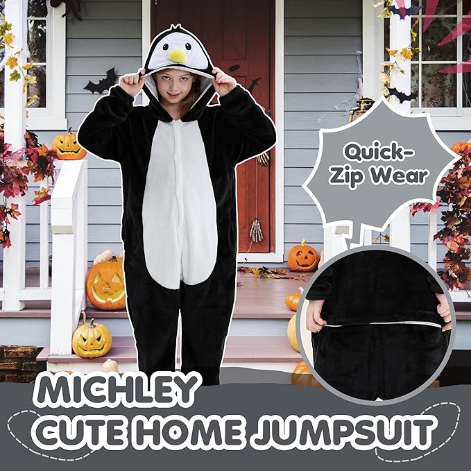 MICHLEY Kids Penguin Hooded Romper Flannel Halloween Cosplay Pajamas Costume