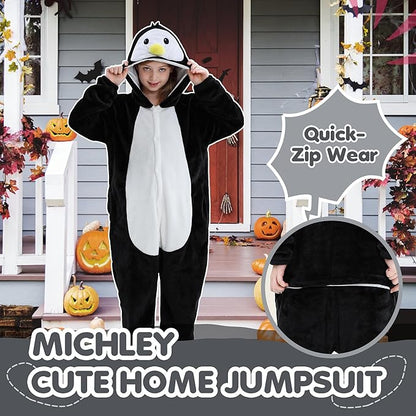 MICHLEY Kids Penguin Hooded Romper Flannel Halloween Cosplay Pajamas Costume