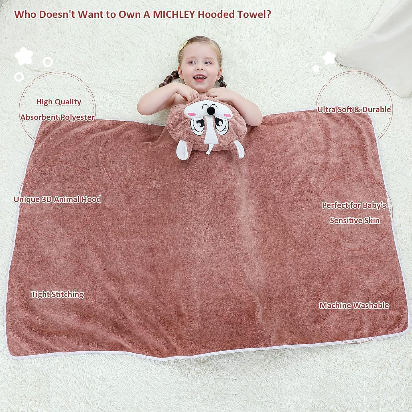MICHLEY Brown Squirrel Hooded Baby Towel Soft Cotton Kids Swim Robe 27.5"x47"