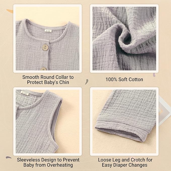 MICHLEY Baby Sleeveless Summer Cotton Romper Unisex Toddler Jumpsuit (Coffee)