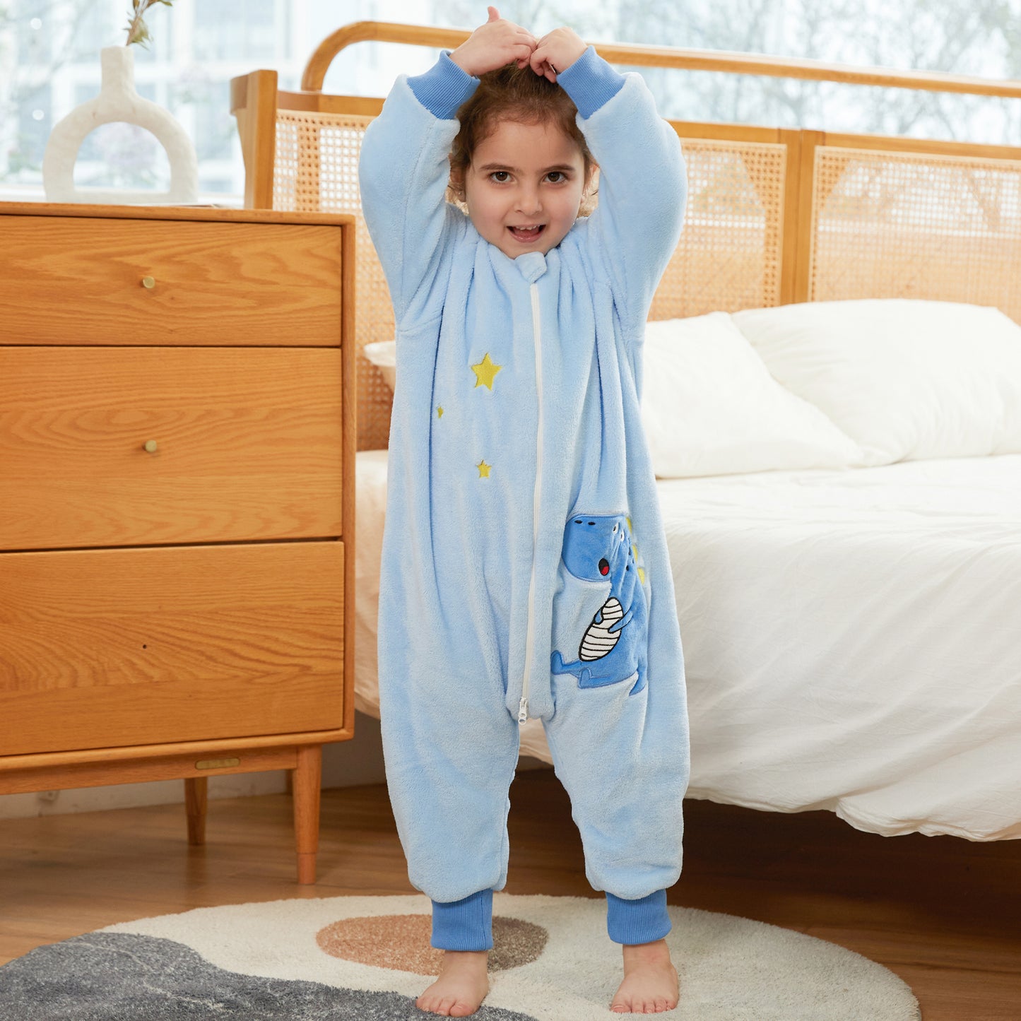 MICHLEY Blue Dinosaur Kids Sleep Bag Flannel Toddler Pajamas for Play & Cozy Nights