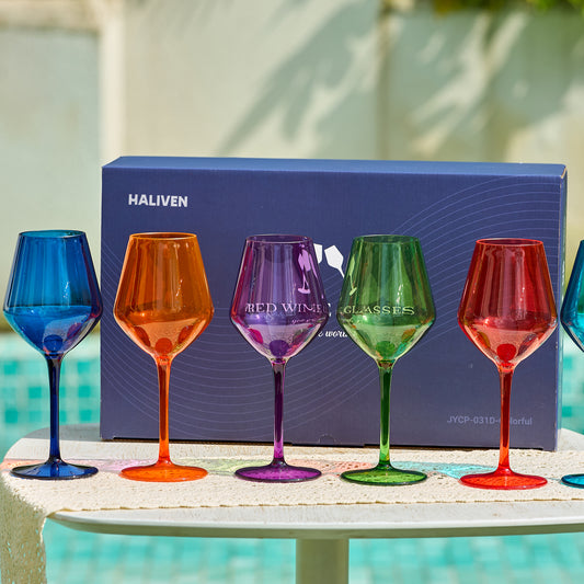 Haliven Colored Wine Glasses Set of 6 Unbreakable Colorful Tritan-Plastic Drinkware Gift 15oz for Outdoor Home Party, Multicolor