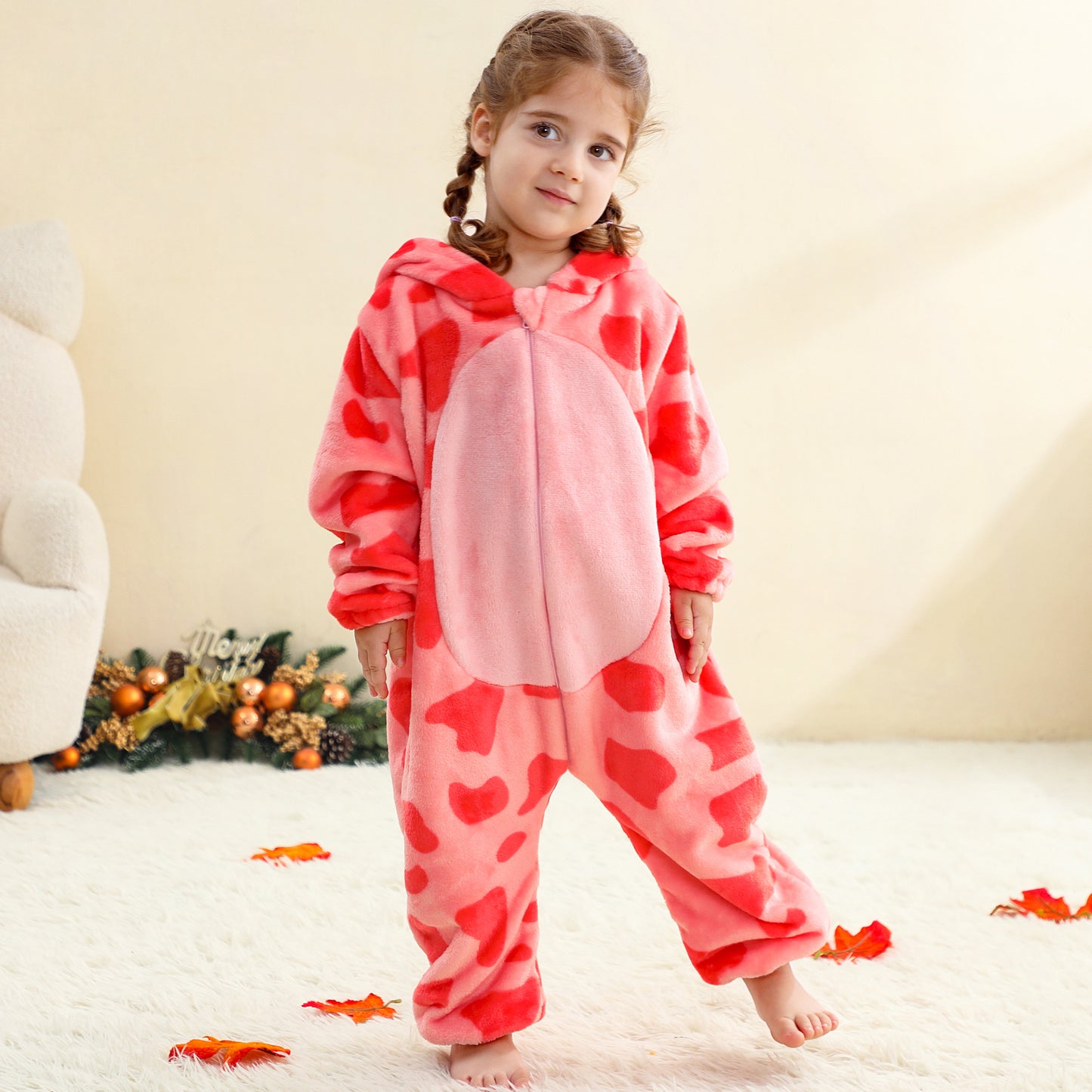 MICHLEY Baby Pink Cow Hooded Romper Rose Pink Spotted Animal Costume