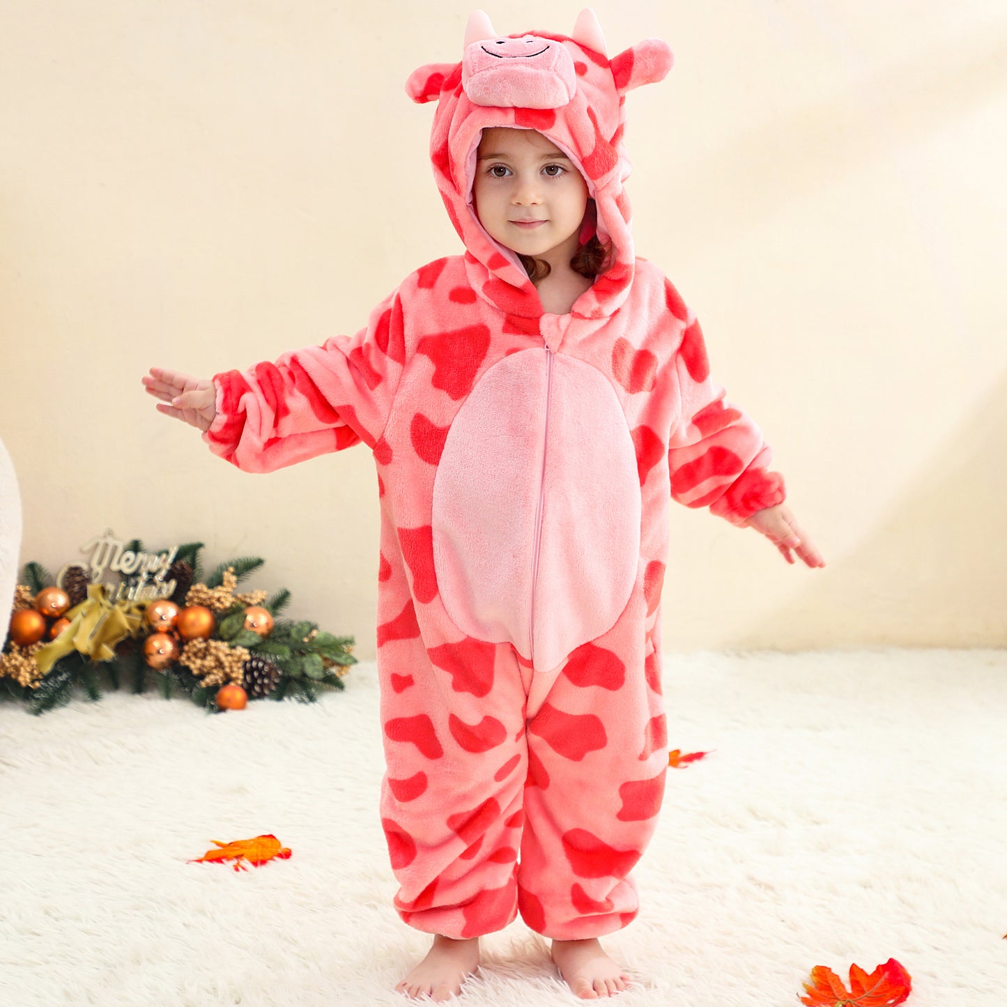 MICHLEY Baby Pink Cow Hooded Romper Rose Pink Spotted Animal Costume