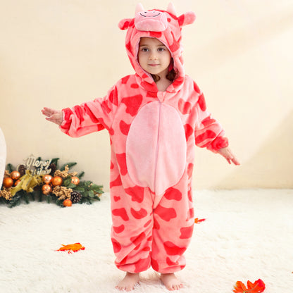 MICHLEY Baby Pink Cow Hooded Romper Rose Pink Spotted Animal Costume