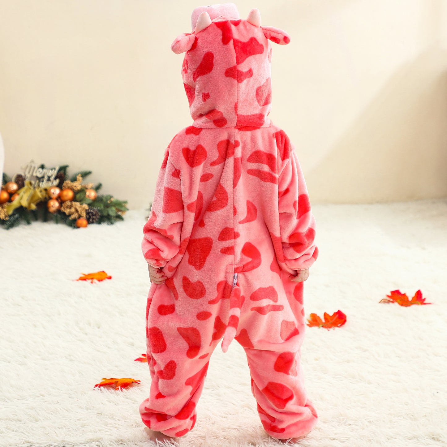 MICHLEY Baby Pink Cow Hooded Romper Rose Pink Spotted Animal Costume