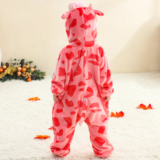 MICHLEY Baby Pink Cow Hooded Romper Rose Pink Spotted Animal Costume