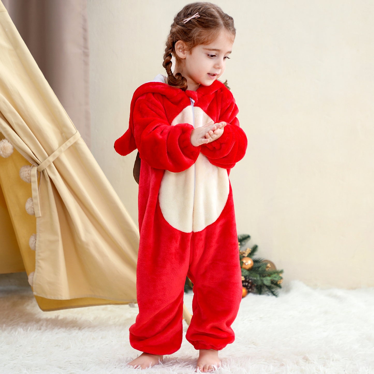 MICHLEY Baby Red Reindeer Hooded Romper Flannel Christmas Costume
