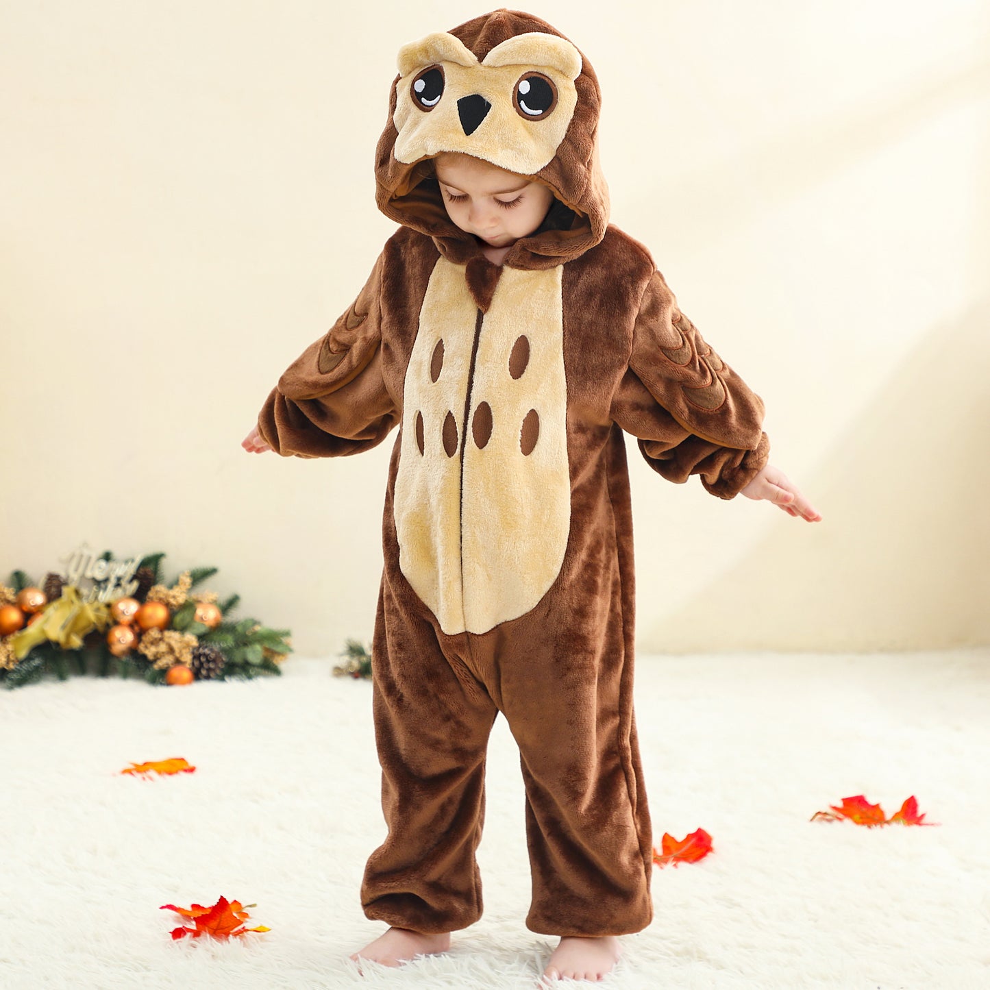 MICHLEY Baby Brown Owl Hooded Romper Soft Flannel Forest Owl Costume