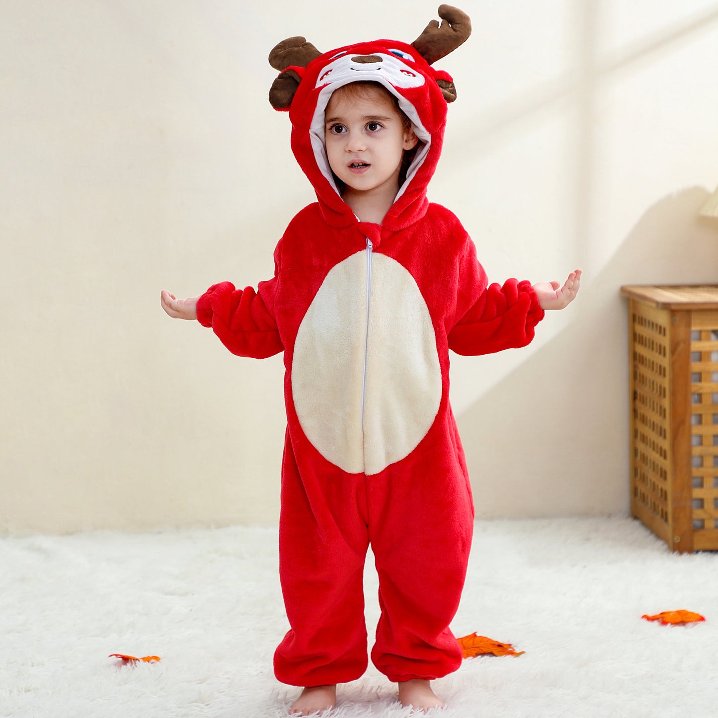 MICHLEY Baby Red Reindeer Hooded Romper Flannel Christmas Costume