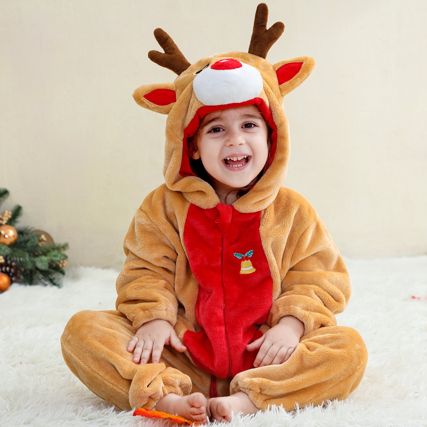 MICHLEY Baby Yellow Deer Hooded Romper Flannel Animal Costume