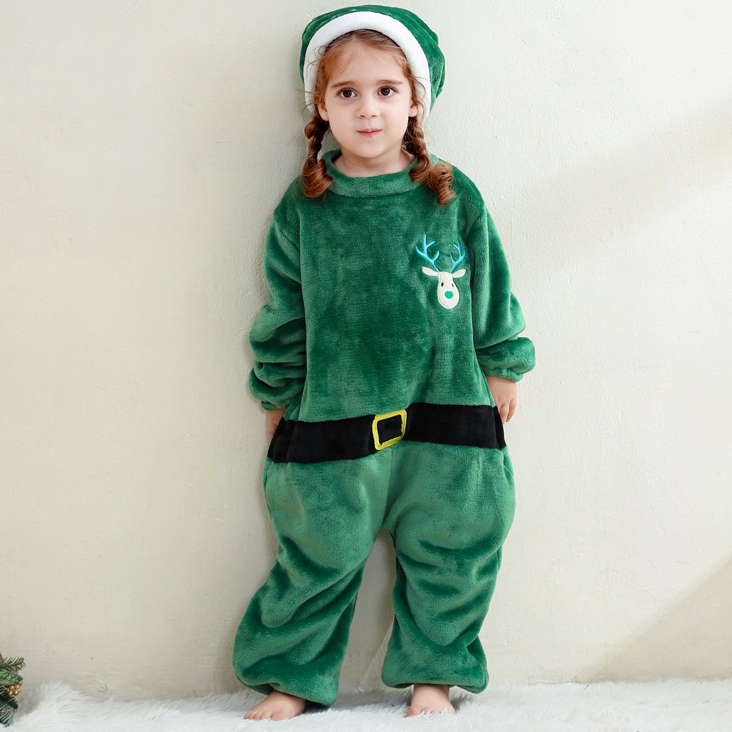 MICHLEY Baby Green Reindeer Flannel Romper with Separate Christmas Hat Outfit Set