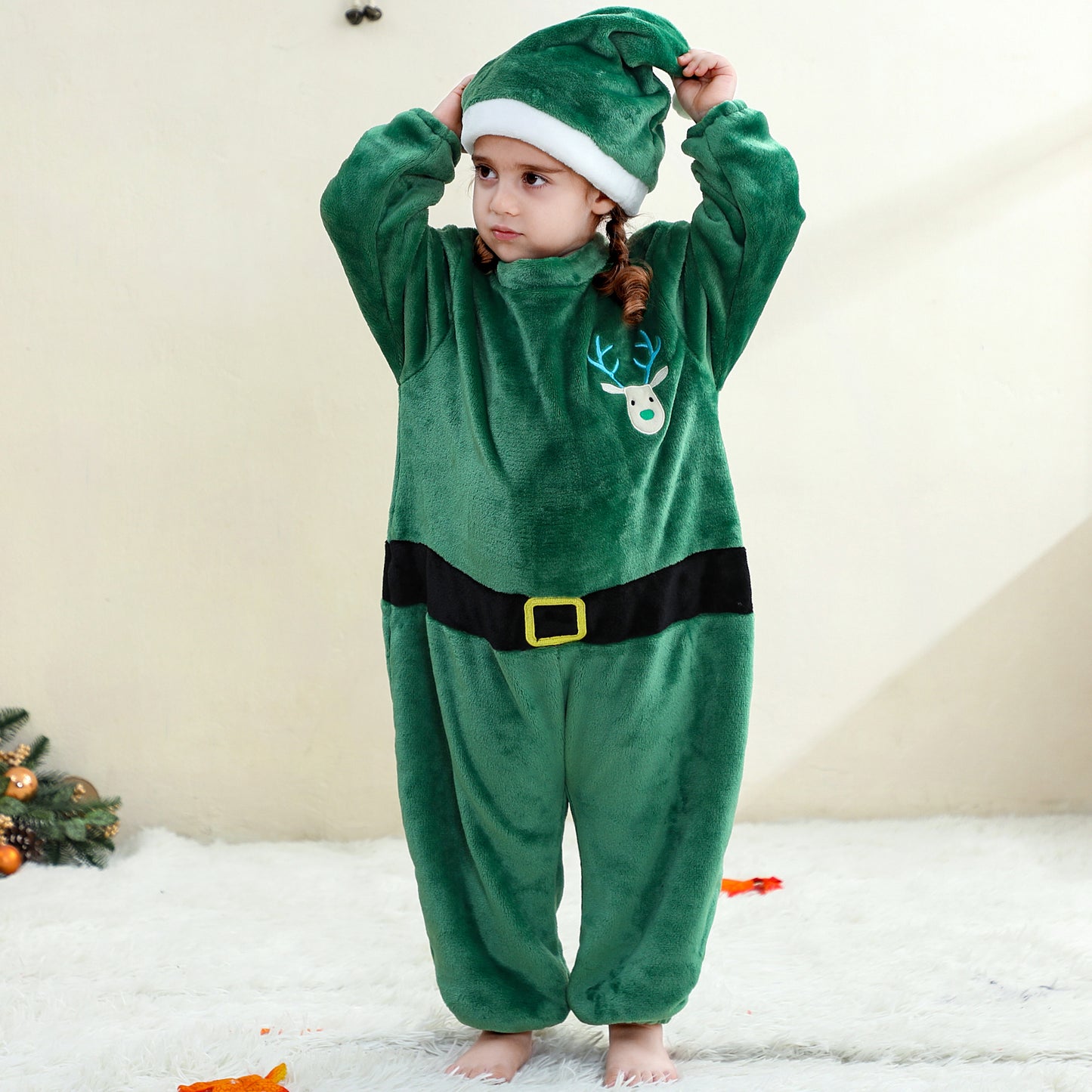 MICHLEY Baby Green Reindeer Flannel Romper with Separate Christmas Hat Outfit Set