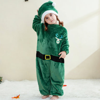 MICHLEY Baby Green Reindeer Flannel Romper with Separate Christmas Hat Outfit Set