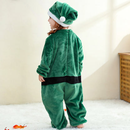 MICHLEY Baby Green Reindeer Flannel Romper with Separate Christmas Hat Outfit Set
