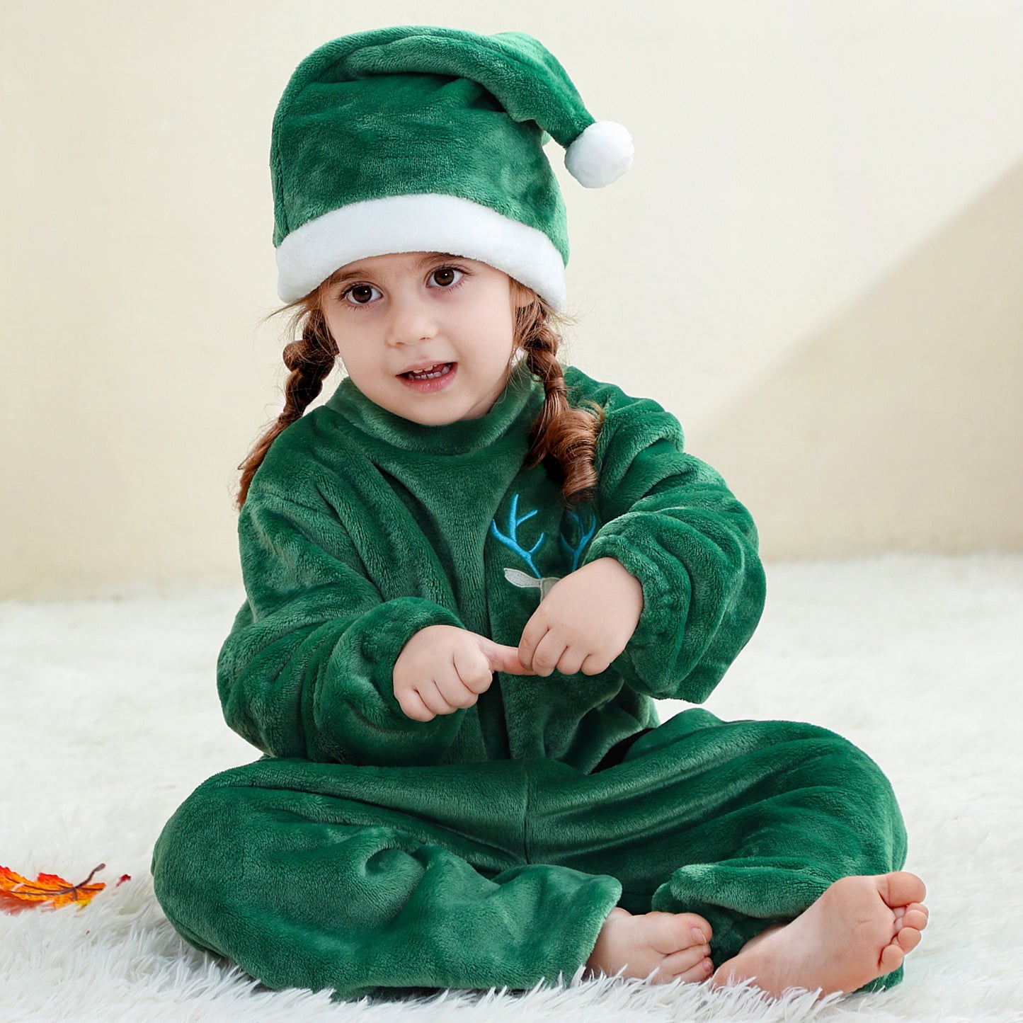 MICHLEY Baby Green Reindeer Flannel Romper with Separate Christmas Hat Outfit Set