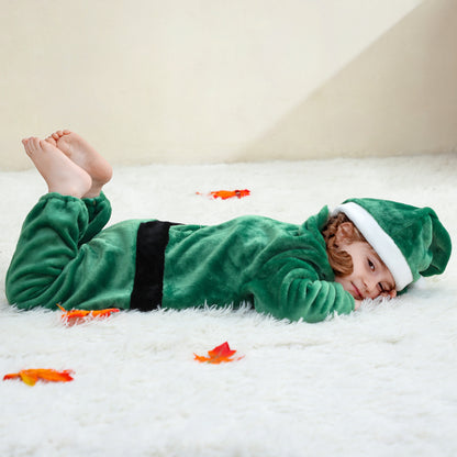 MICHLEY Baby Green Reindeer Flannel Romper with Separate Christmas Hat Outfit Set