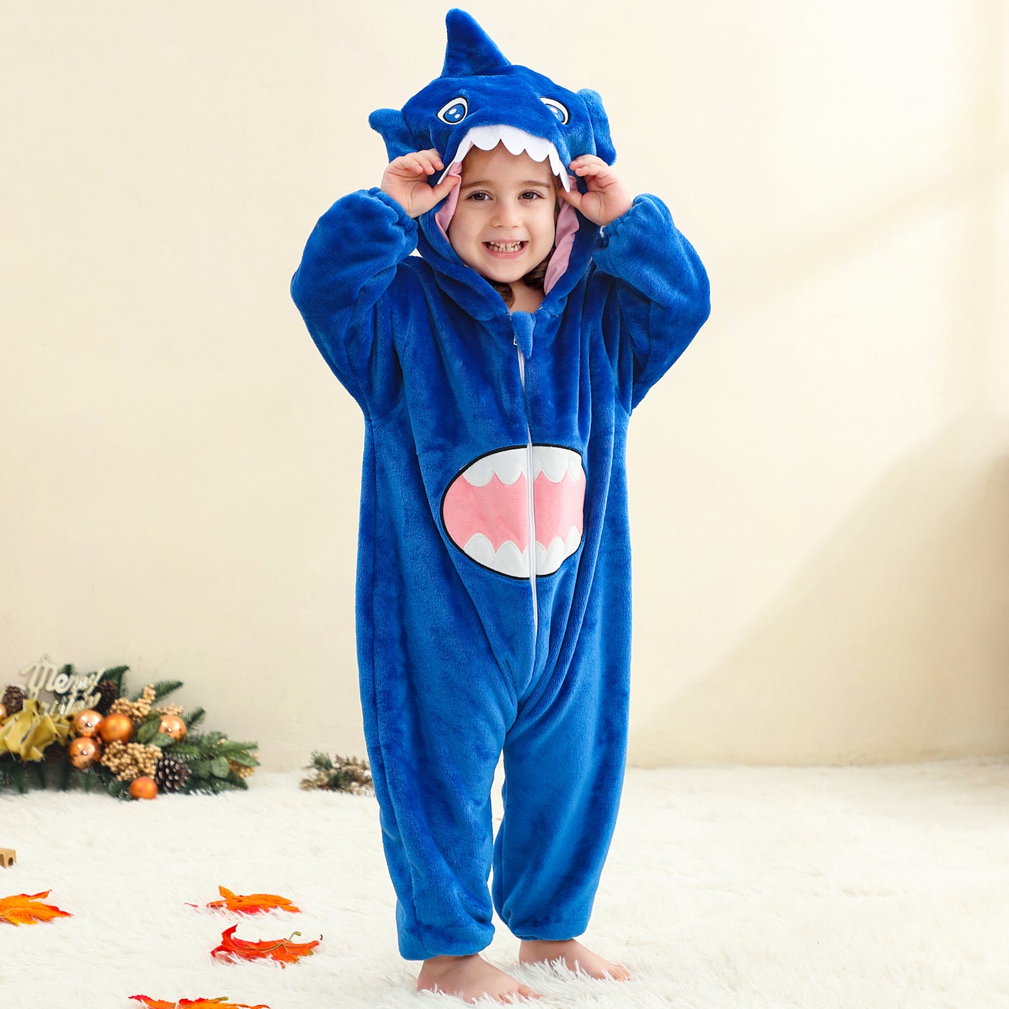 MICHLEY Baby Blue Big-Toothed Shark Romper Soft Flannel Animal Costume