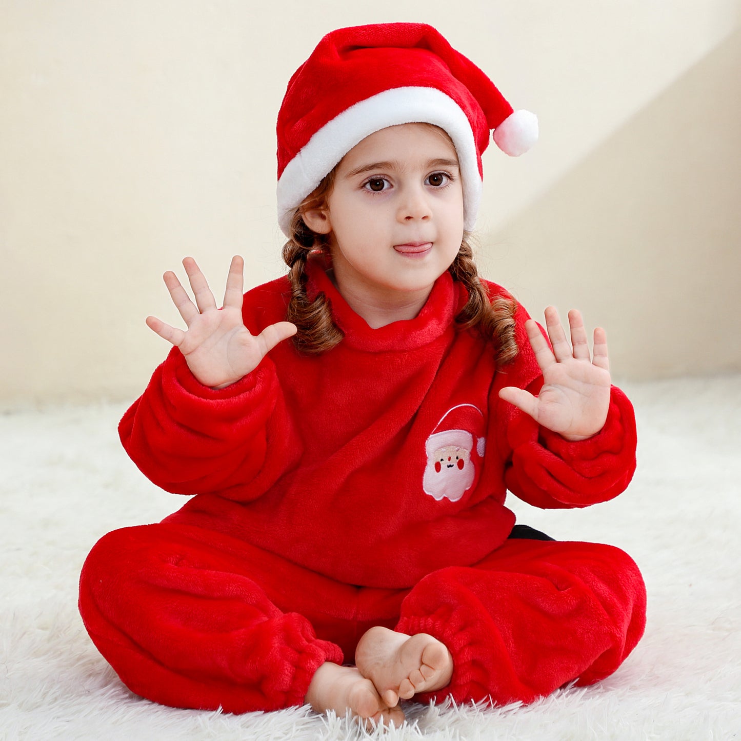 MICHLEY Baby Santa Claus Flannel Romper with Separate Christmas Hat Outfit Set