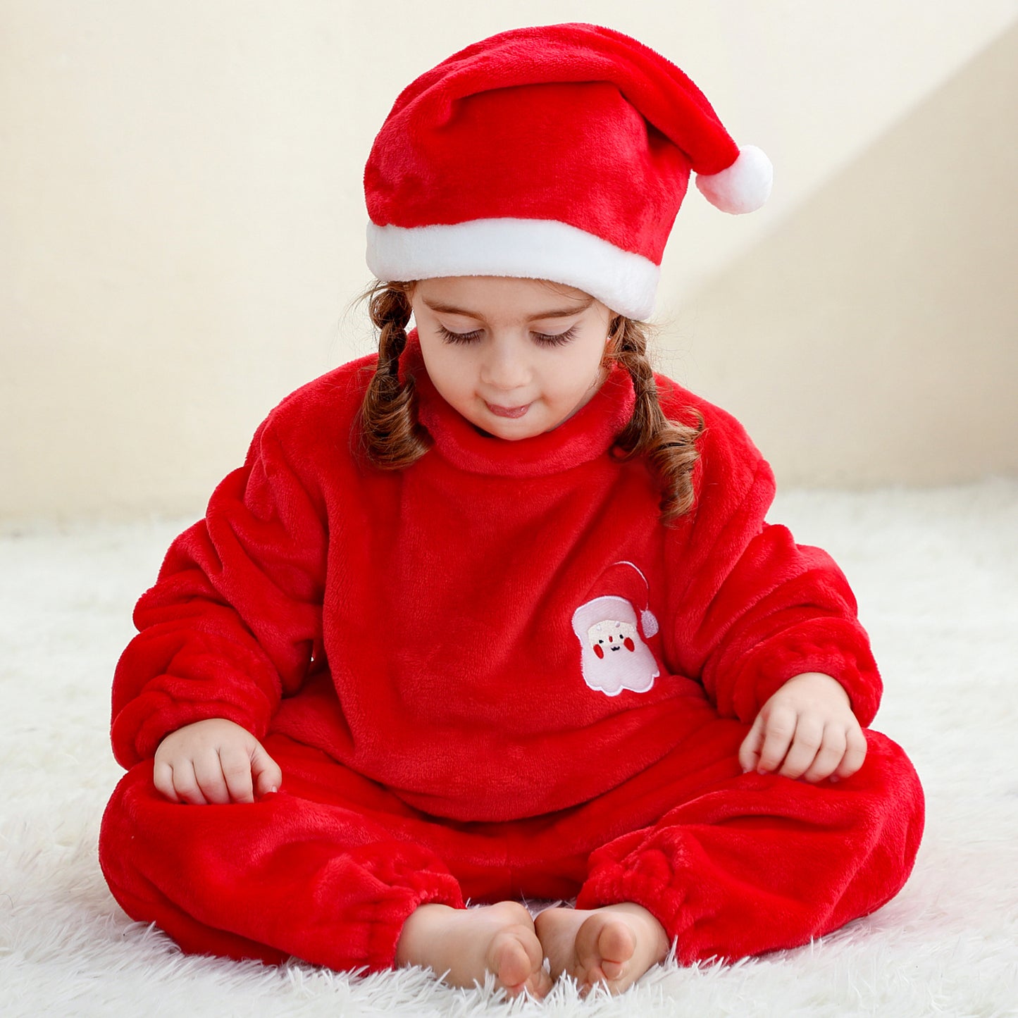 MICHLEY Baby Santa Claus Flannel Romper with Separate Christmas Hat Outfit Set