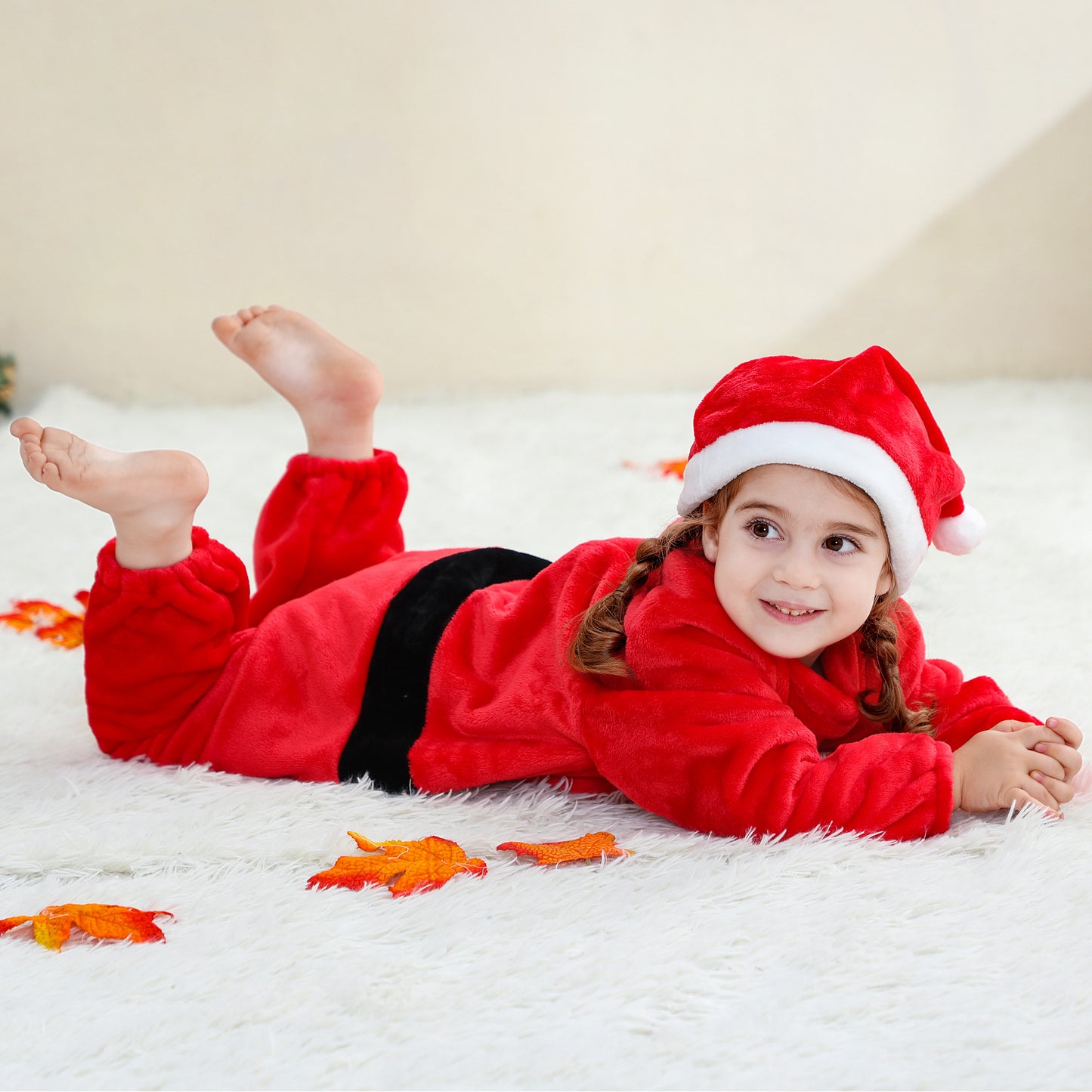 MICHLEY Baby Santa Claus Flannel Romper with Separate Christmas Hat Outfit Set