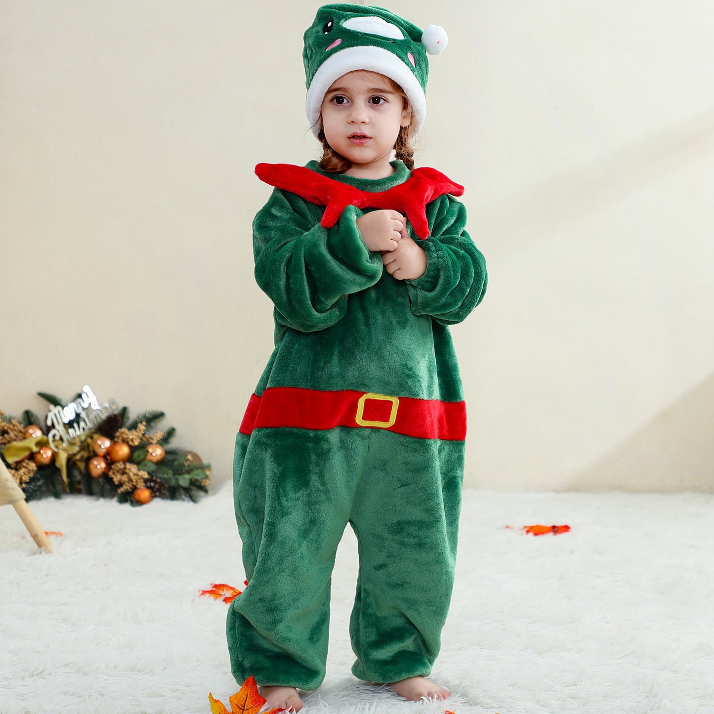 MICHLEY Baby Green Christmas Elf Flannel Romper with Separate Elf Hat Outfit Set