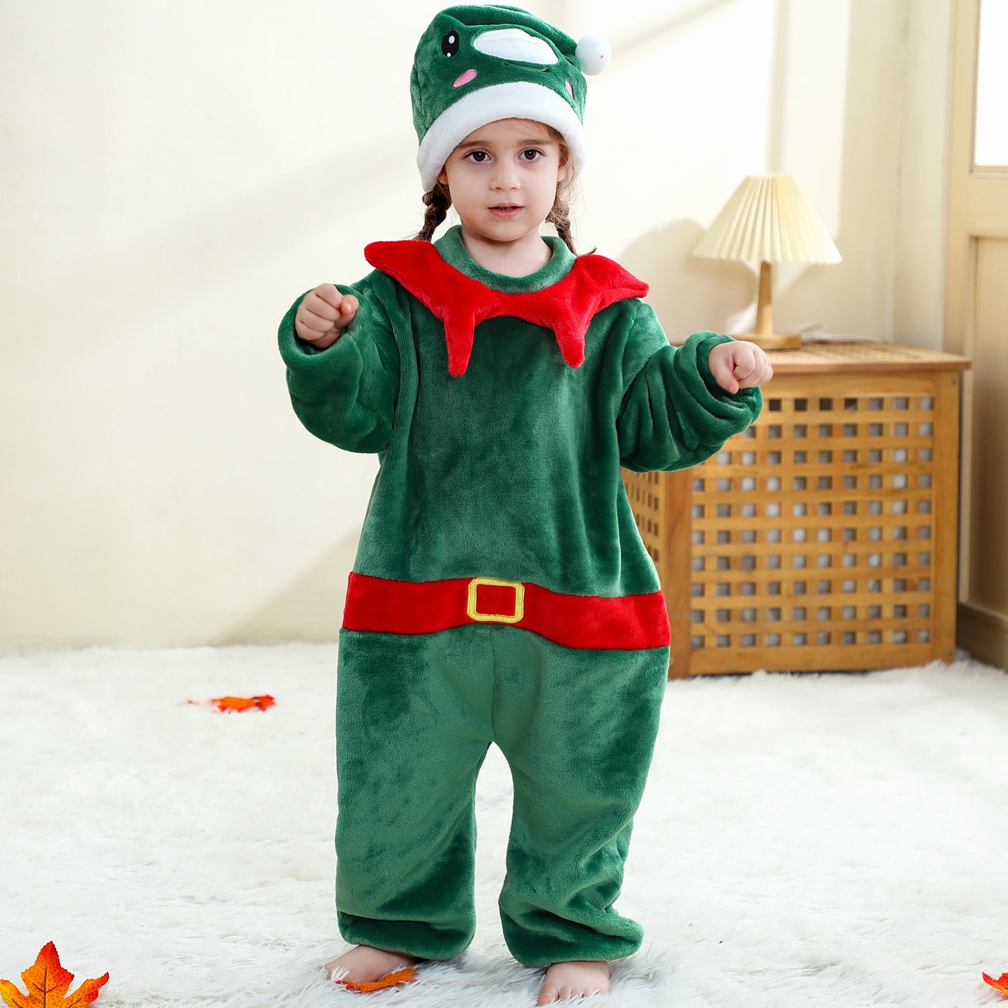 MICHLEY Baby Green Christmas Elf Flannel Romper with Separate Elf Hat Outfit Set