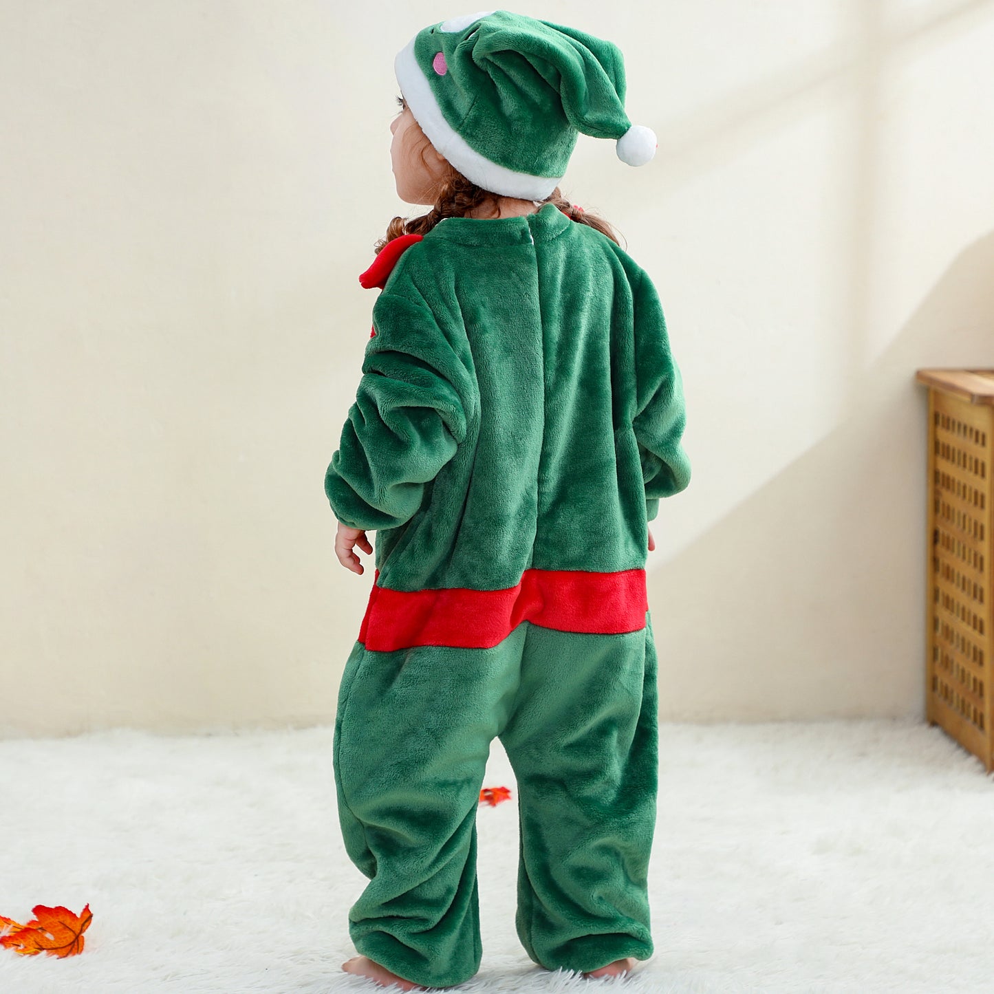 MICHLEY Baby Green Christmas Elf Flannel Romper with Separate Elf Hat Outfit Set