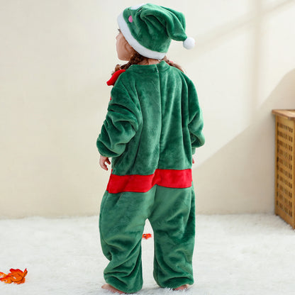 MICHLEY Baby Green Christmas Elf Flannel Romper with Separate Elf Hat Outfit Set