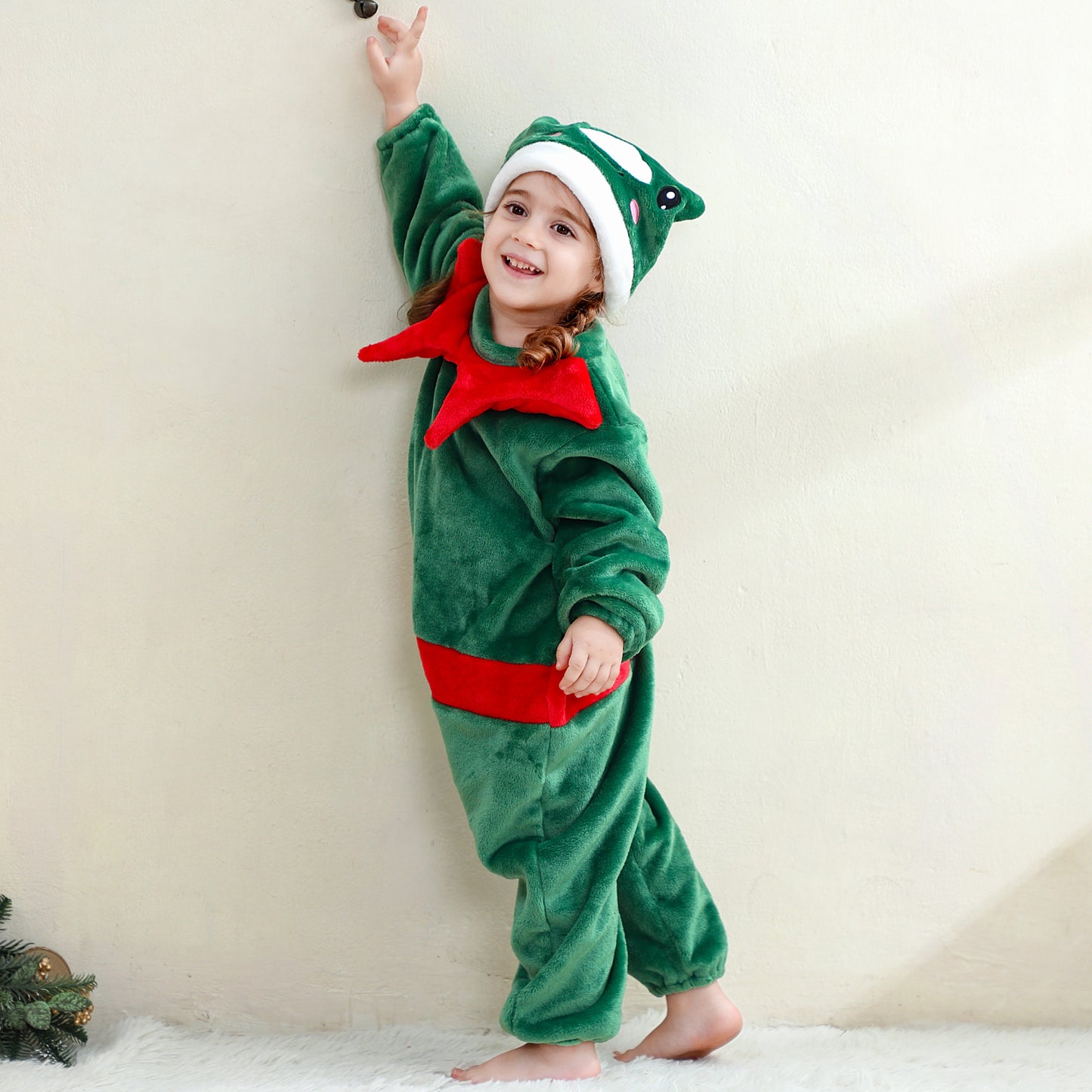 MICHLEY Baby Green Christmas Elf Flannel Romper with Separate Elf Hat Outfit Set