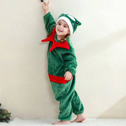 MICHLEY Baby Green Christmas Elf Flannel Romper with Separate Elf Hat Outfit Set