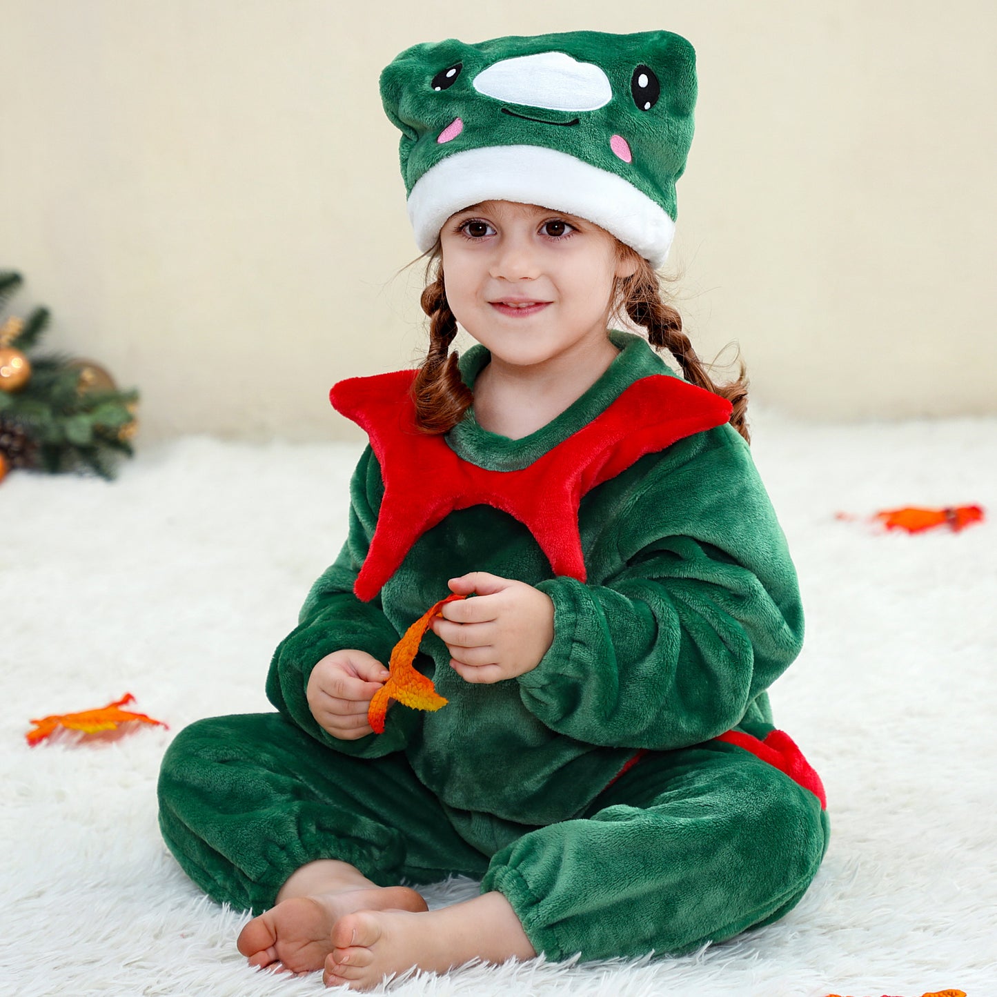 MICHLEY Baby Green Christmas Elf Flannel Romper with Separate Elf Hat Outfit Set