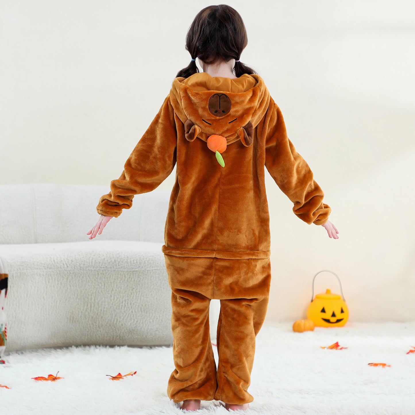 MICHLEY Kids Brown Capybara Hooded Romper Flannel Halloween Cosplay Pajamas