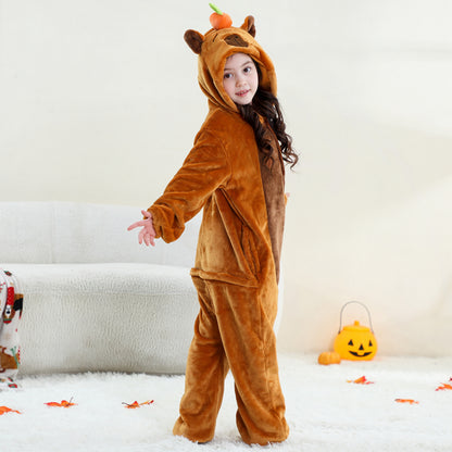 MICHLEY Kids Brown Capybara Hooded Romper Flannel Halloween Cosplay Pajamas